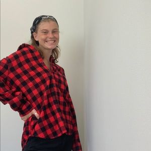 small red and black checkered button up